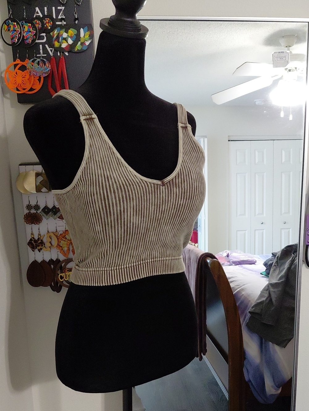 Zenana Outfitters Ribbed V-Neck Crop Top in Beige Stripe